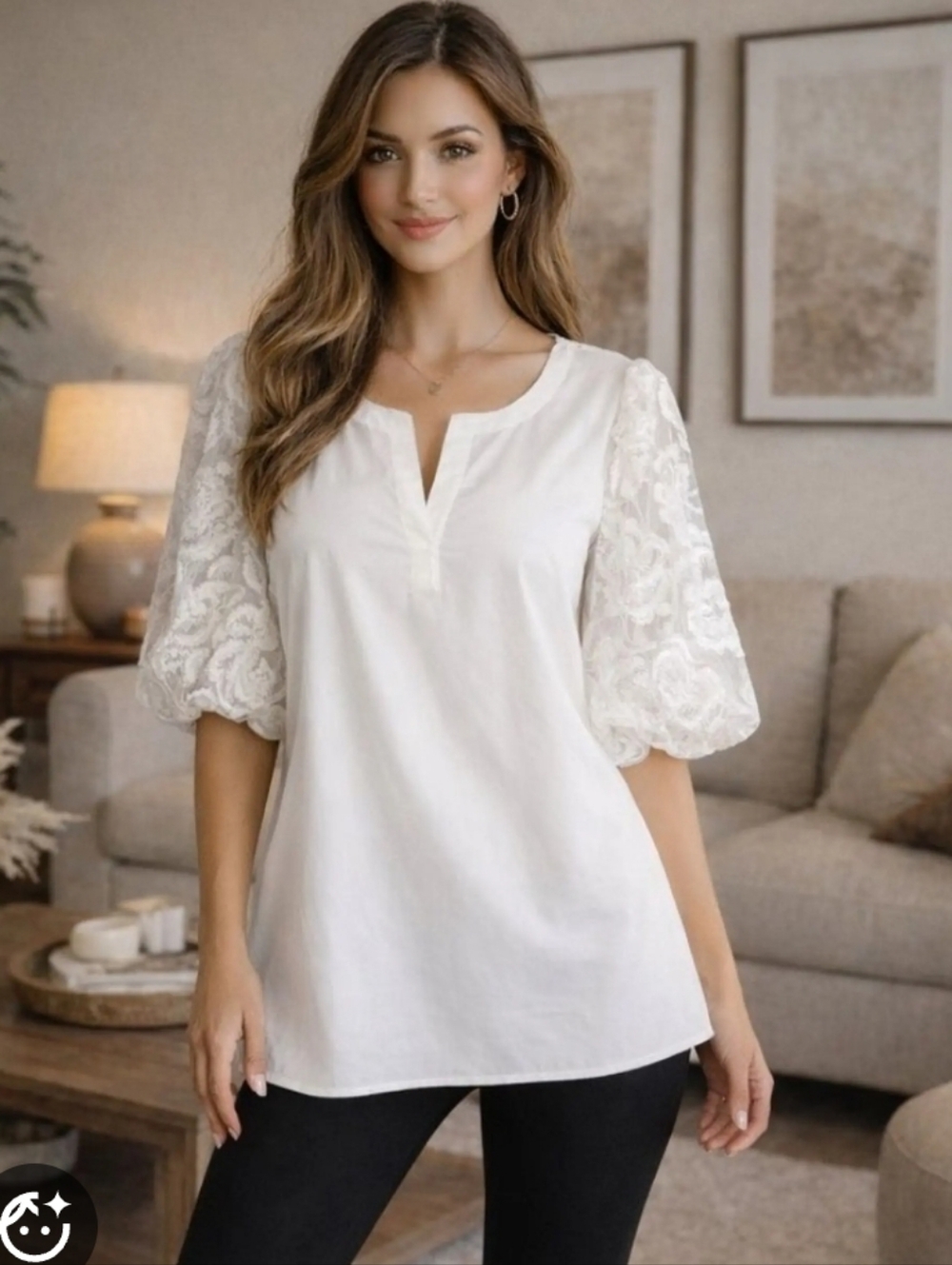 Marc New York White V-Neck Puff Lace Sleeve Summer Blouse